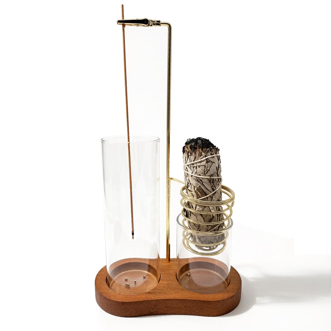 Multifunctional Incense Holder Burner with Glass Tube & Wooden Base – Incense Stick Burner, Sage & Palo Santo Burner, Ash Catcher for Home Meditation Yoga – Collects Ash & Stores Incense