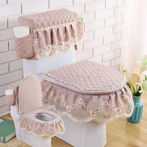 Purple Velvet Embroidery Lace Toilet Mat Set - 3-Piece Bathroom Accessories, Toilet Seat Cover, Tank Lid Cover, Elegant Lace Decor for Home Bathroom