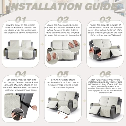 Image of TAOCOCO 100% Waterproof Recliner Covers, Recliner Sofa Covers with Leg Straps, Reversible Recliner Couch Cover for Reclining Chair, Washable Couch Protector for Pets Kids(2 Seater, Off White)