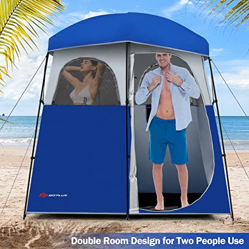 Goplus tienda de ducha de 2 habitaciones, portátil para camping con desagüe en el suelo, cubierta de lluvia desmontable, estacas y cuerdas, protección UV, resistente al agua, privacidad para baño exterior y vestidor (Azul) miniatura 3
