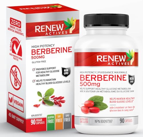 Renew Actives Berberine Maximum Potency 500mg Per Capsule - Supports Glucose Metabolism & Energy - Promotes Healthy Lipid Metabolism - Non-GMO Vegan - 90 Capsules - Made in Canada