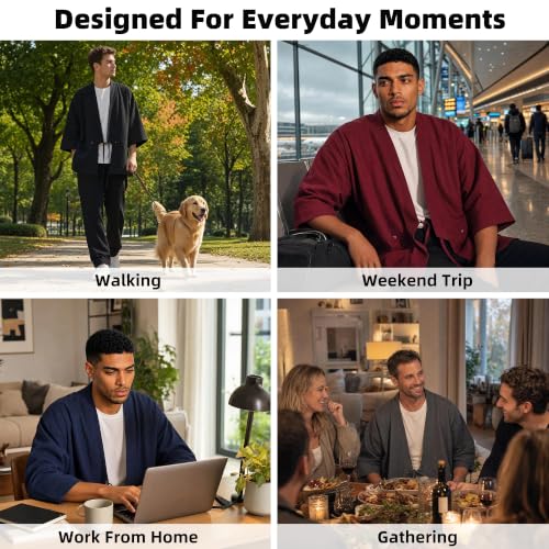 Image of Haseil Men's Kimono Cardigan Japanese Jackets Casual Cotton 3 /4 Sleeve Shirt Open Front Coat Lightweight Linen Yukata