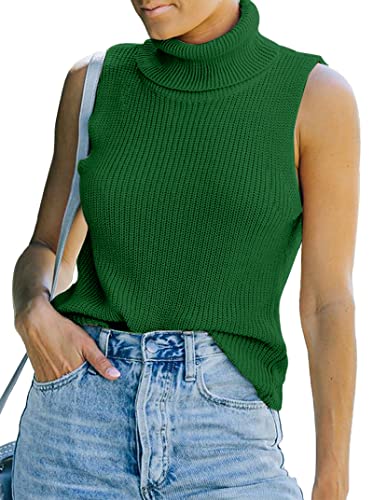 Image of Womens Sleeveless Sweater Vest Turtleneck Ribbed Knit Tank Tops Basic Slim Fit Top