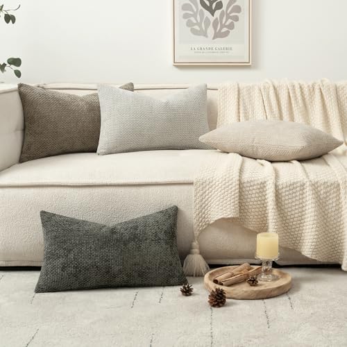 Image of MIULEE Pack of 4 Couch Throw Pillow Covers 12x20 Inch Neutral Soft Decorative Chenille Pillow Covers Farmhouse Boho Accent Cushion Covers for Mid Century Modern Spring Decor Sofa Bedroom Living Room