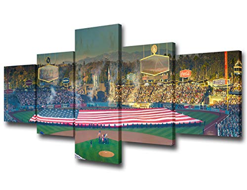 MLB Wall Decorations for Living Room Dodger Stadium, Los Angerles, California, USA Decor 5 Panel Canvas Pictures Baseball Artwork Painting Modern Home Decor Giclee Framed Gallery-Wrapped Ready to Hang