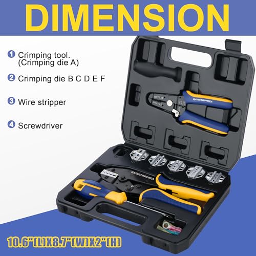 Image of haisstronica 8PCS Crimping Tool Set, 6PCS Dies Wire Stripper and Driver | Interchangeable Dies, AWG-Marked Cavities, Blow-Molded Storage, Organized Component Layout, Electronics Repairs