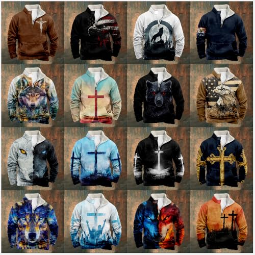 MARSVOVO Men's Outdoor Casual Stand Collar Long Sleeve Sweatshirt Quarter Zip Shirts Vintage Print Fashion Cowboy Hoodie4