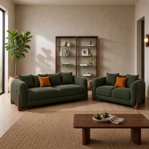 Image of Modern Sofa, Teddy Fabric, Chesterfield Style, Wooden Legs, for Living Room, Bedroom, Hallways (3+2 Seater, Green)