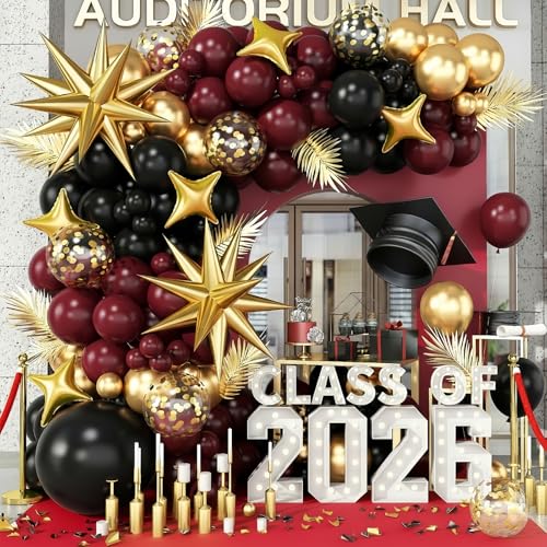 Image of Black Burgundy Gold Balloons Arch Kit, Maroon Black Gold Balloons Arch Garland, 98Pcs Black Red Metallic Gold Balloons with Stars Balloon for Birthdays Retirement Graduation Celebrations Class of 2025