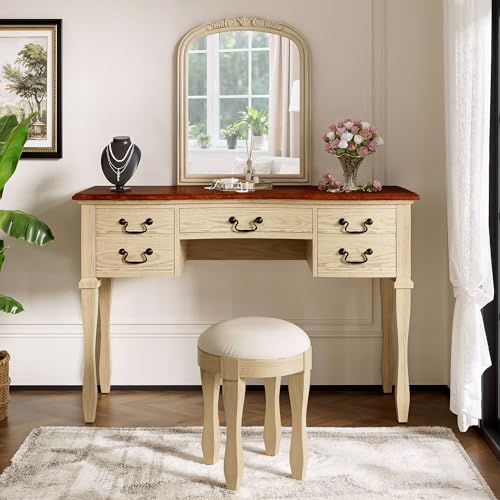 Image of JIVOIT 46 inch Vintage Makeup Vanity Table with Leather Stool, Vanity Desk with Curved Flower Frame Mirror, Dressing Table with 5 Drawers and Antique Handles, Easy Assembly