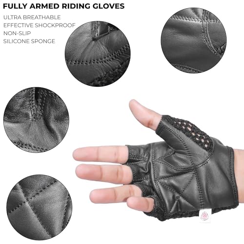 Kango Leather Padded Crochet Back Breathable Fingerless Weight Lifting, Cycling Workout Gloves, Black (X-Large)