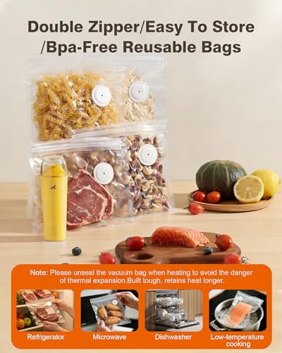 Image of Vacuum sealer for food, Handheld Vacuum Sealer with 30 Reusable Bags | Compact Vacuum Sealer, Professional-Grade for Food Storage Savers, Mustard