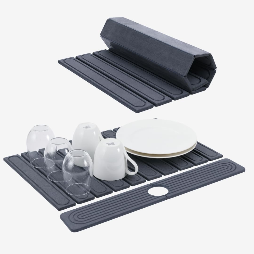 Large Stone Drying Mat For Kitchen Counter, Collapsible Super Absorbent Diatomaceous Earth Dish Drying Mat Set, Quick Dry Diatomite Dish Drying Mat And Faucet Sink Protector (Gray)