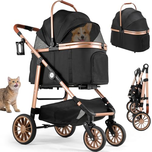 MAMIZO 4 in 1 Hundewagen, Hundebuggy bis 25kg, 4 PCS Gummiräder mit Stoßdämpfung, Faltbar Hund Kinderwagen, Hunde Buggy, Hundebuggy Hunde, Hundebuggy Geländegängig, Katzenwagen (Schwarz)