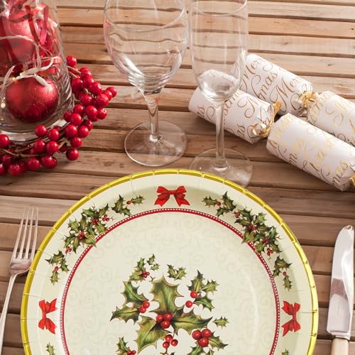 ceiba tree 48 Pack Christmas Paper Plates 24 Pcs 9" Disposable Paper Dinner Plates 24 PCS 7" Dessert Plates Christmas Holly Dinnerware Set for 24 Guests Party Supplies – Image 7