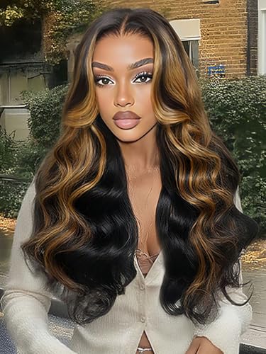 Image of Sunber Bye Bye Knots 7x5 Lace Black with Caramel Blonde Highlights Body Wave Glueless Wigs Pre Everything Pre Cut 7x5 Lace Front Pre Plucked Pre Bleached Knots 150% Density 26Inch Put On and Go Wig