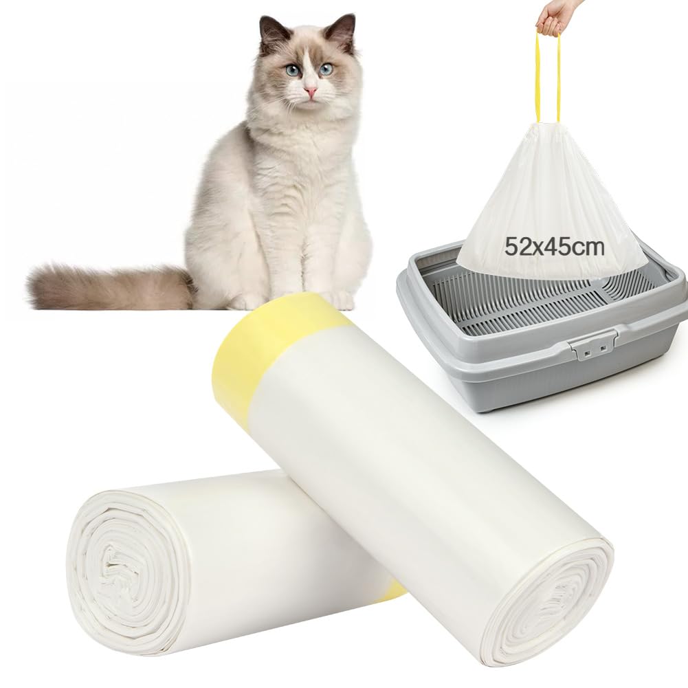 Adiwo Sacchetti Lettiera Gatto, 40 pezzi Sacchetti per Escrementi per Gatti con Coulisse Sacchi Resistenti ai Graffi 52x45cm con Maniglia per il Trasporto, Durevole, Resistente agli Strappi