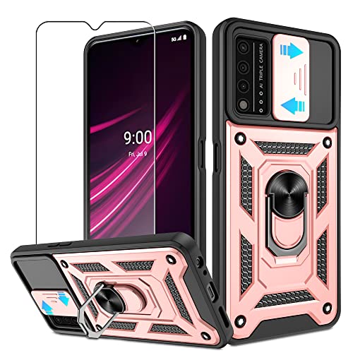 for T-Mobile Revvl V Plus 5G Case with HD Screen Protector with Slide Camera Cover, Atump 360° Rotation Ring Kickstand [Military Grade] Protective Case for T-Mobile Revvl V Plus 5G,Rose Gold