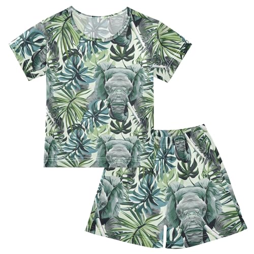 ALAZA Elephant Palm Leaves Watercolor Pajamas Short Sleeve 2 Piece Sleepwear Top and Bottom Pajama Set Unisex