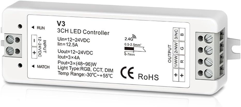 V3 LED Controller 3-Channel 2.4G DC12-24V Stepless Dimming Remote Control Light for CCT LED Light Strips
