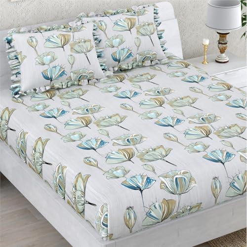 Image of 350 TC Premium Heavy Cotton Feel Elastic Fitted Bedsheet King Size with 2 Frill Pillow Covers King Size || Double Bed with All Around Elastic (Floral White, Fitted - 72 inchx78 inch King)