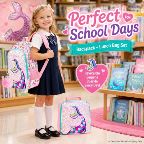 Image of CCJPX 16 inch Mermaid Backpack for Girls, 3Pcs Kids Sequin Bookbag with Lunch Box, Water Resistant Elementary School Bag for Kindergarten Preschool Toddler (Pink)