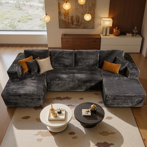 Image of HOOOWOOO Cloud Sectional Couches for Living Room,Modular Sectional Sofa No Assembly,132X62 Inch Plush Corduroy Large U Shaped Floor Couch Set with Deep Seat Double Chaise(Gray)