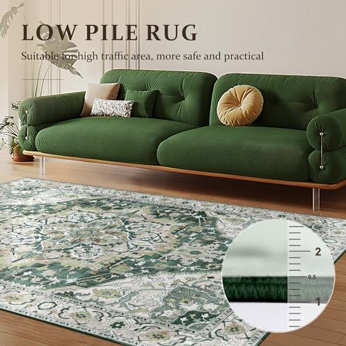 Deerly Green Vintage Area Rug 4x6 Washable Thin Boho Rug for Living Room Bedroom Non-Slip Lightweight Indoor Carpet for Kitchen Entryway Dining Room Office, Green/Multi