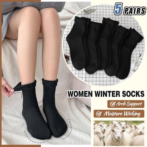 Image of EBMORE 5 Pairs Women Merino Wool Boot Socks Warm Thermal Winter Thick Hiking Cozy Cabin Crew Comfy Socks for Ladies