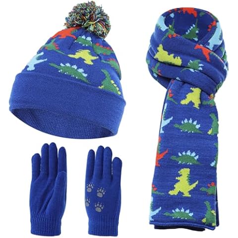 NATUST 3 Pcs Kids Winter Knit Hat Gloves Scarf Dinosaur Beanie With Pompom Children Knitted Warm Set Blue Cover