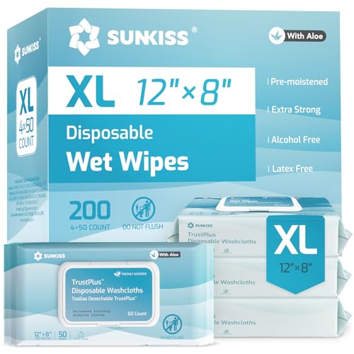 SUNKISS Trustplus Toallitas Húmedas Para Adultos Extra Gruesas 20x30 cm con Aloe para Incontinencia y Limpieza Corporal con Aroma Fresco 200 Unidades
