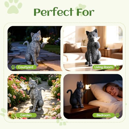 Autumnswan Solar Cat Garden Outdoor Statues, Cat Sculpture with Glowing Bird Light, Lawn Decoration, 10 Inches Tall, for Patio, Balcony, Garden, Yard, Birthday Gift for Mom, Grandma and Women - image 6