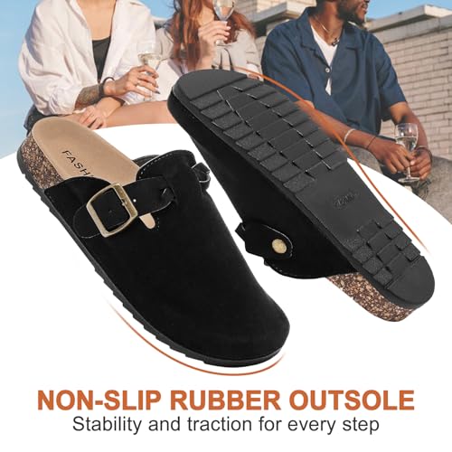 Women's Suede Clogs Mens Leather Mules Comfort Cork Footbed Sandals with Arch Support and Adjustable Buckle2