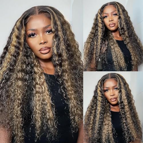 Image of bangjazz 26 Inch Deep Wave Lace Front Wigs Human Hair Fb /27 180% Density 13x4 HD Lace Frontal Wigs Human Hair Pre Plucked Ombre Lace Front Wig Balayage Highlight Glueless Wigs for Women