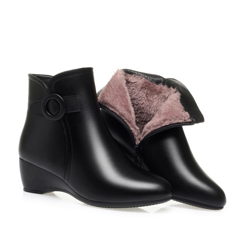 Womens Winter Warm Platform Wedges Ankle Booties Soft Leather Platform Chic Buckle Fully Fur Lined Thickening Snow Boot
