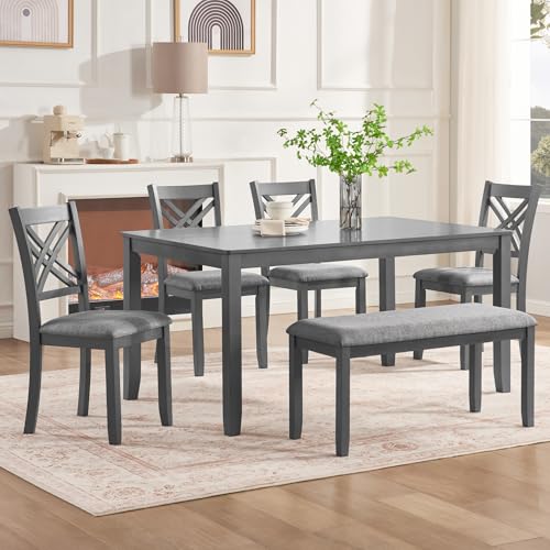 Image of Harper & Bright Designs 6 Piece Kitchen Dining Room Set, Rectangular Wooden Dining Table with 4 X-Back Upholstered Chairs and 1 Bench, Modern Wood Furniture Set for 6 People, Grey Finish