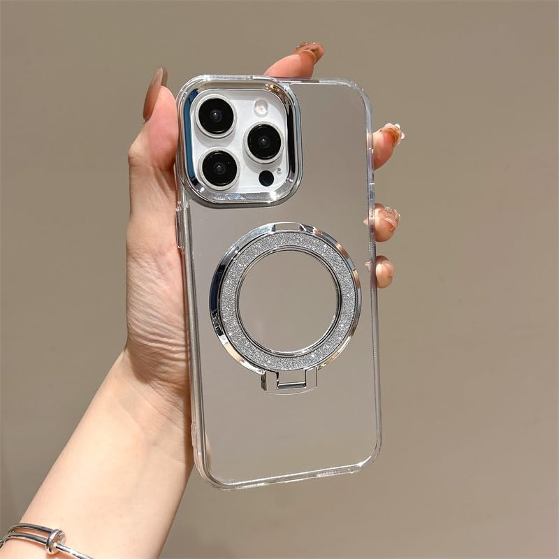 LUVI Compatible with iPhone 17 Mirror Stand Case Bling Kickstand Ring Makeup Electroplate Fashion Glossy Luxury Cool Cute Shockproof Protective Cover for Women Girls Silver - Image 3