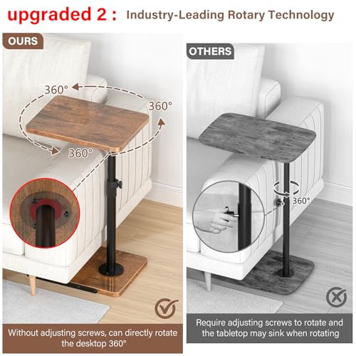 Image of C Table End Table Adjustable Height, 360Swivel TV Tray Table, Upgraded Metal and Wooden Base to Prevent Slipping, Couch Armrest Table Snack Tables for Laptop Sofa Bed Dinner or Small Space(Brown)