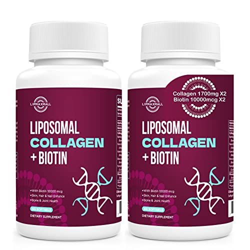 Lipmaxmall Liposomal Collagen 1700Mg + Biotin 10000Mcg Hair Growth, Hair, Skin, Nail & Joint Support, Biotin And Collagen Supplement For Super Absorption (2 Pack) #TOP20