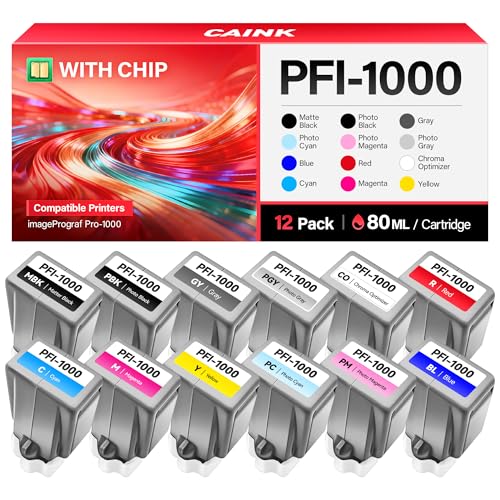 Image of PFI-1000 Ink Tank set 12-Pack 80ml High Capacity with Chip Replacement for Canon PFI-1000 PFI1000 Ink Cartridges Compatible for Canon ImagePROGRAF PRO-1000 Printer Photographic Inkjet Color Twelve Ink
