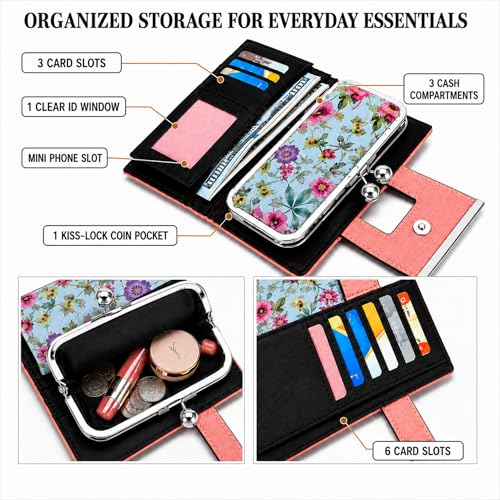 Image of Floral Wallet for Women, Vintage Kiss-Lock Clutch Purse | 10 Card Slots, Full-Length Bill Compartment and Organized Storage,Secure Kiss-Lock Closure, Vintage PU Leather Gift Box