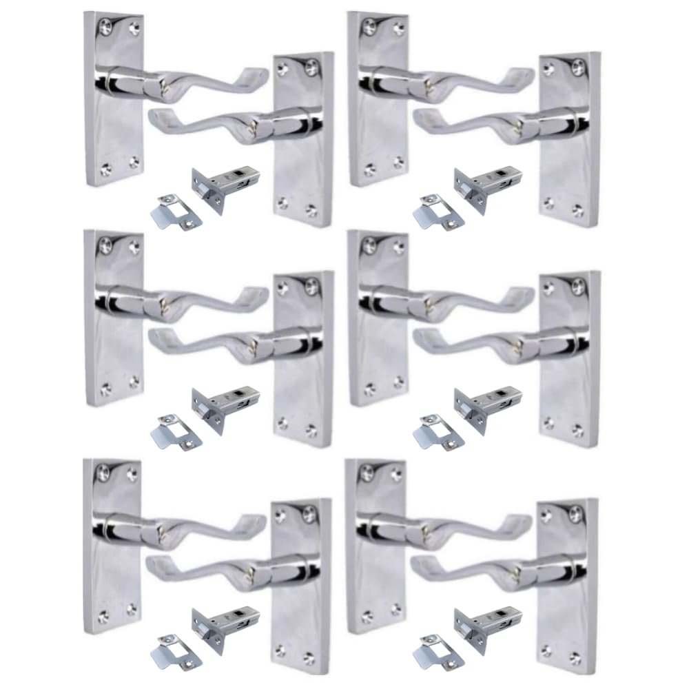 Haven Heritage Victorian Scroll Lever Door Handle on Backplate – Polished Chrome, 118mm x 42mm -Pack of 6 with 63 mm Tubular Latch