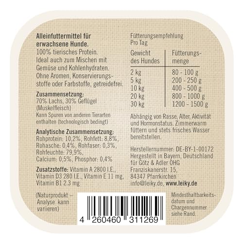 Leiky Nassfutter Hund Lachs & Huhn 18 x 300 g – Alleinfutter, getreidefrei, 100 % Fleisch