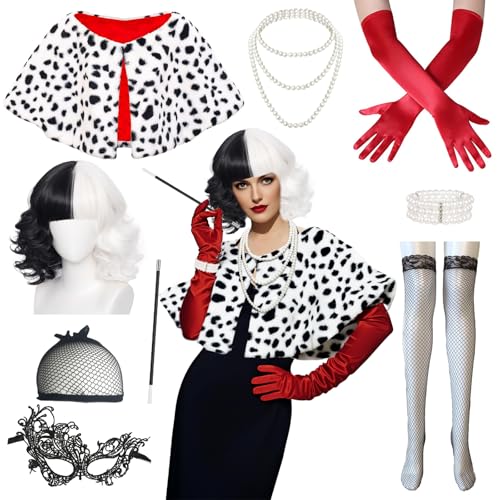 Cruella Costume Women's 9 Pieces Black White Wig Halloween Women's Cruella Deville Costume Accessory Set, White Black Polka Dot Scarf Wig Cap Net Stockings Lace Mask for Carnival Theme Party Cruella Costume Women's 9 Pieces Black White Wig Halloween Women's Cruella Deville Costume Accessory Set, White Black Polka Dot Scarf Wig Cap Net Stockings Lace Mask for Carnival Theme Party