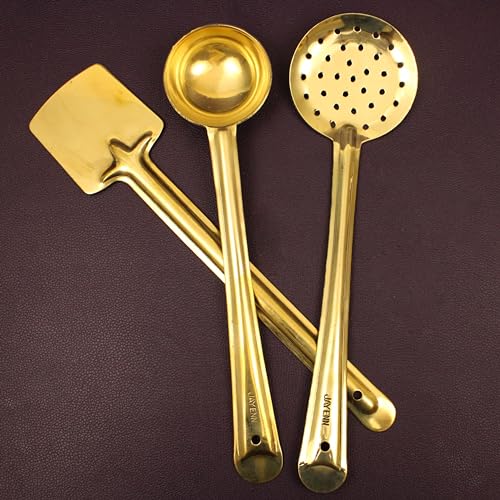 Image of Putrika Brass Ladle|Pital Karandi|Dosa Karandi|Kuli Karandi|Jali Karandi|Cooking and Serving Ladle|Kitchenware|Brass Cookware Ladle Set of 3 (Medium-Karandi Set)
