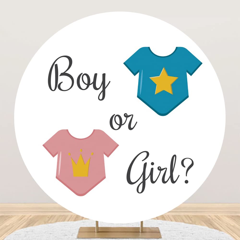 Średnica 2,3 m 'On or She Gender Reveal' impreza okrągłe tło okładka niemowlę chłopiec dziewczynka ubrania fotografia tło dla noworodka baby shower ujawnienie płci ogłoszenie ciążowa dekoracja na imprezę