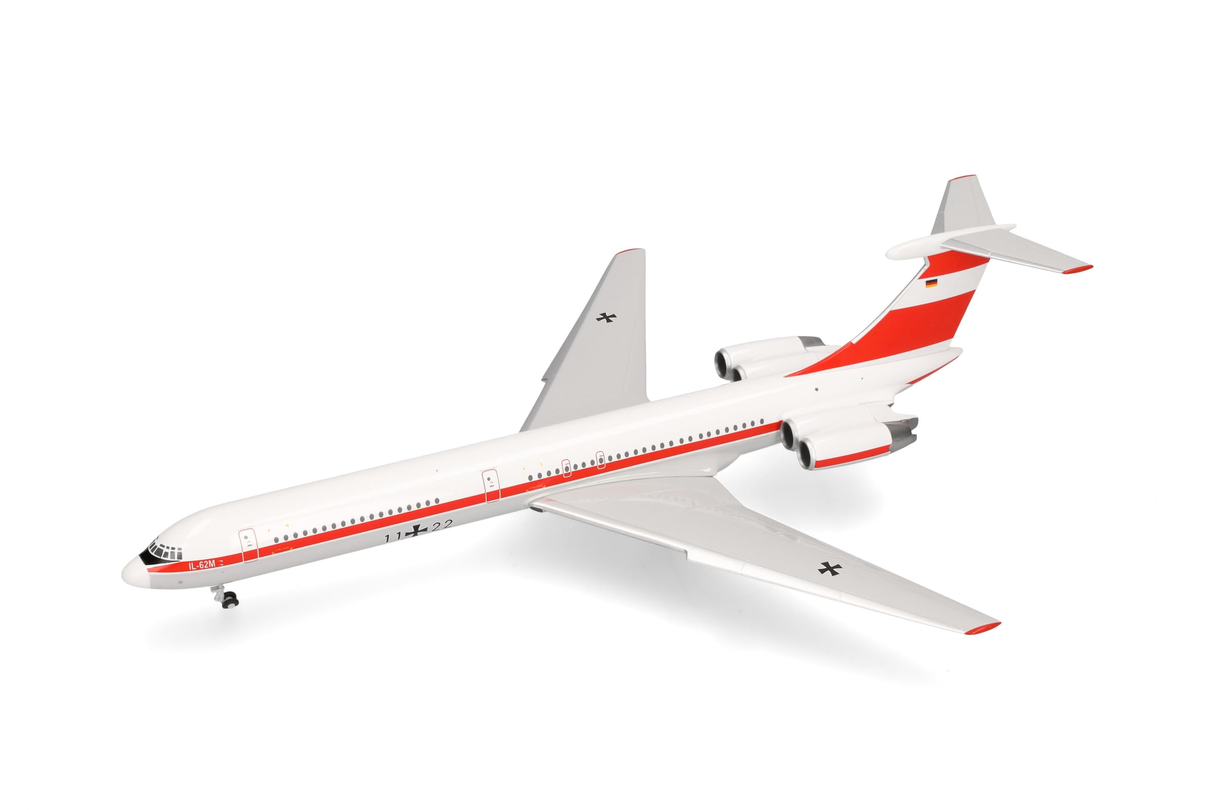 Herpa Modellflugzeug Luftwaffe Flugbereitschaft Ilyushin IL-62M, Miniatur im Maßstab 1:200, Sammlerstück, Modell ohne Standfuß, Metall