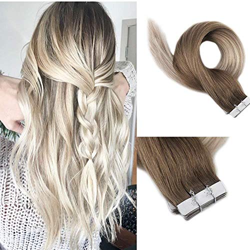 【Promotion】Full Shine 18" Tape in Colored Hair Extensions Color #8 Light Brown Fading to #60 and #18 Asl Blonde 20 Pieces Tape in Extensions Remy Human Hair Invisible Tape Ins 50 Grams Per Pack