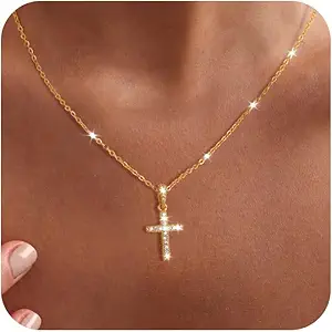 Cross Necklace for Women - Dainty Necklaces Trendy Small 14K Gold Plated Hypoallergenic Infinity Crown Cross Cubic Zirconia Pendant Box Rope Chain Necklace for Women Non Tarnish Jewelry Gift