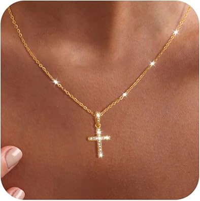 Cross Necklace for Women - Dainty Necklaces Trendy Small 14K Gold Plated Hypoallergenic Infinity Crown Cross Cubic Zirconia Pendant Box Rope Chain Necklace for Women Non Tarnish Jewelry Gift
